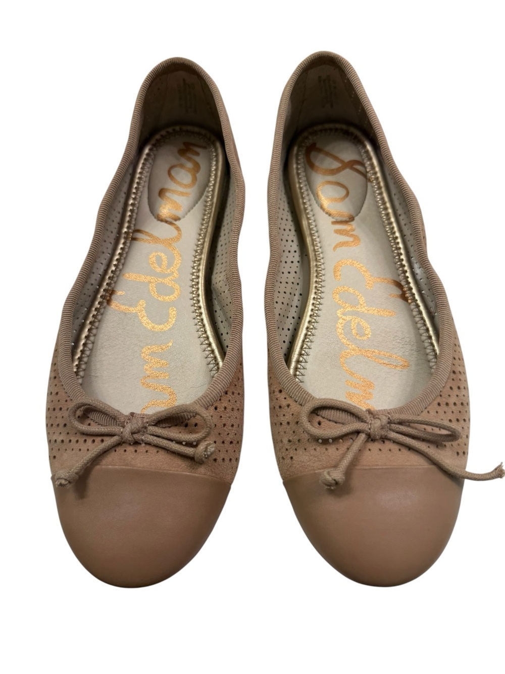Sam Edelman Tan Perforated Suede & Leather Ballet Flats with Bow